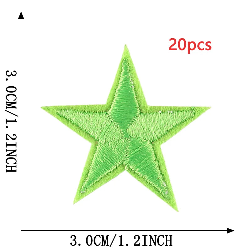 A green star embroidery patch is shown, measuring 3.0cm by 1.2inch.