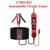 A red automotive circuit tester device with an LED display and probe connected to a black coil.