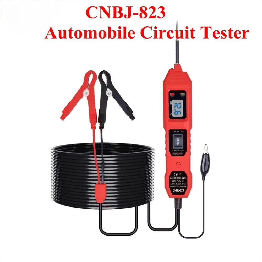 A red automotive circuit tester device with an LED display and probe connected to a black coil.