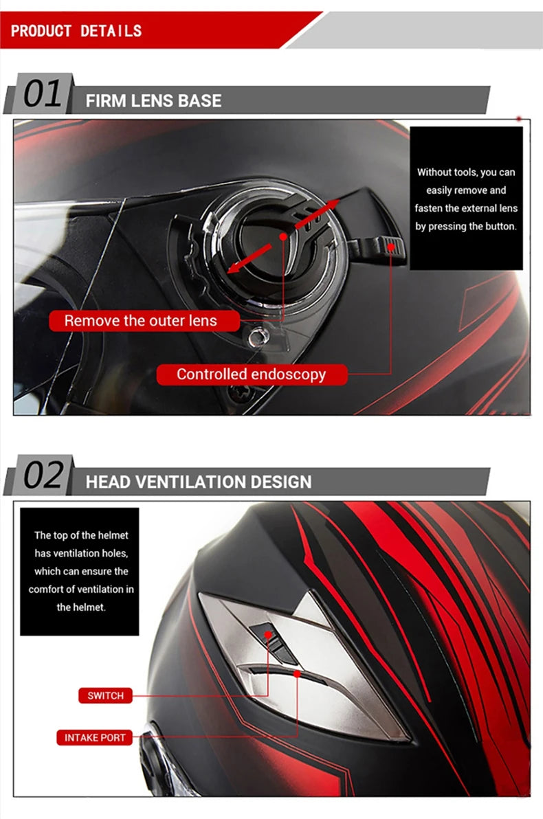 Diagrams showing the firm lens base and head ventilation design of a motorcycle helmet.