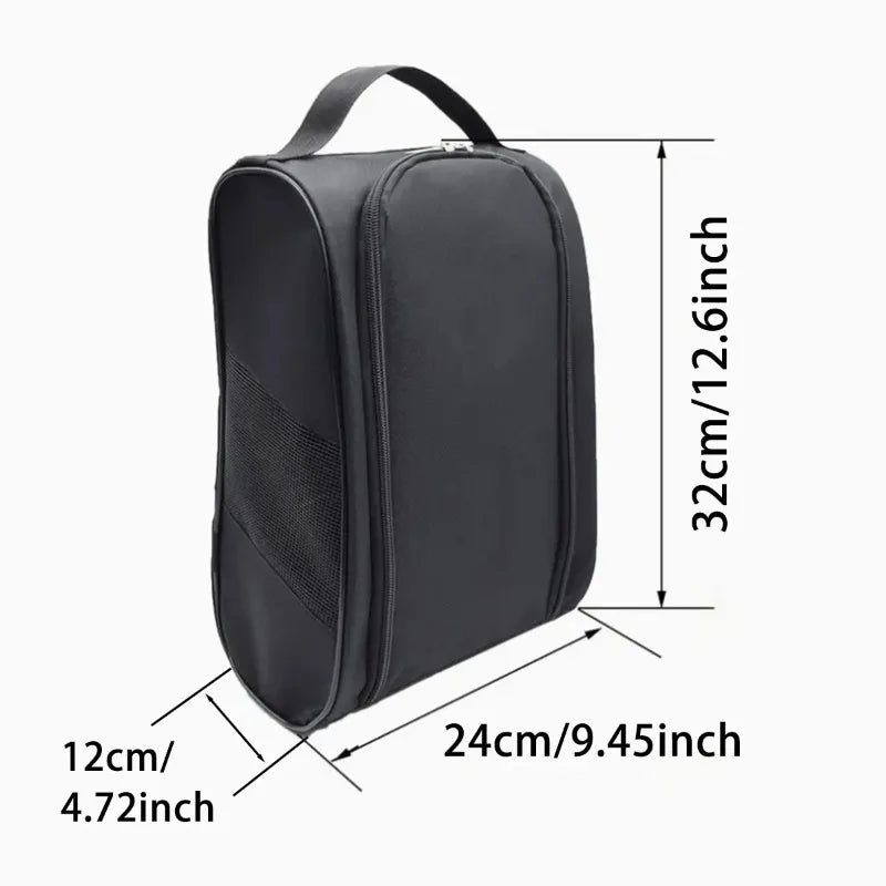 Black breathable oxford cloth shoe storage bag shown from the top view with dimensions.