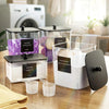 Three clear plastic storage containers with black lids for laundry room organization