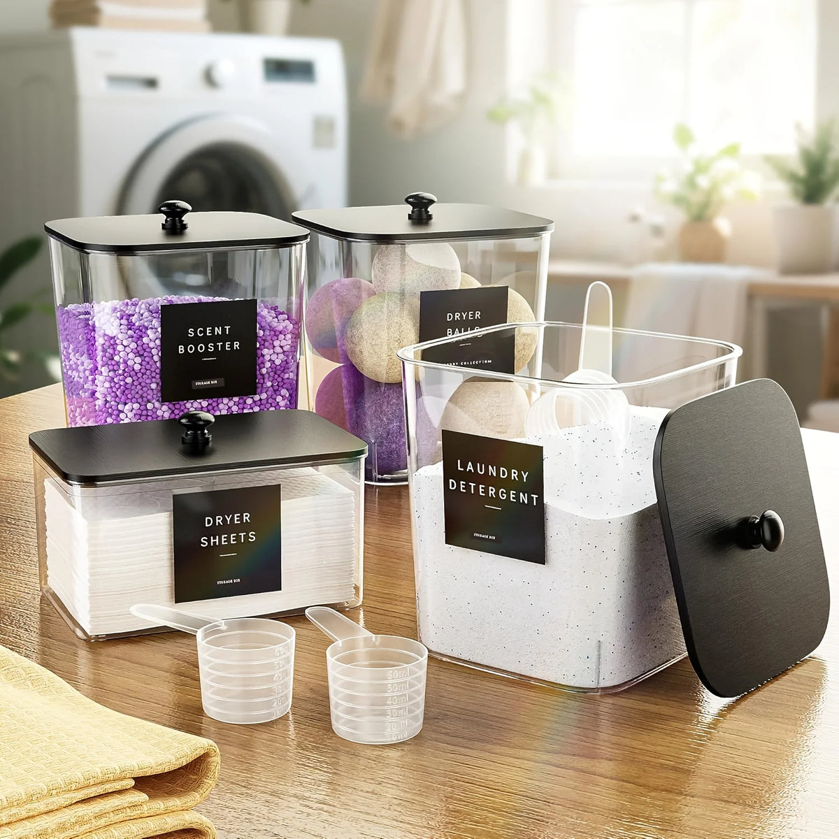 Three clear plastic storage containers with black lids for laundry room organization