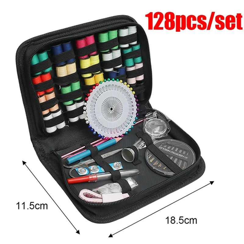 A black portable sewing kit set containing various needles, scissors, and other essential tools.