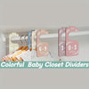 A set of colorful wooden baby closet dividers with age labels for organizing children's clothing.