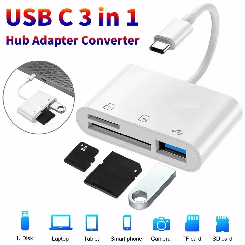 A white USB C in 1 Hub Adapter Converter with multiple card readers for SD, TF, and memory cards.