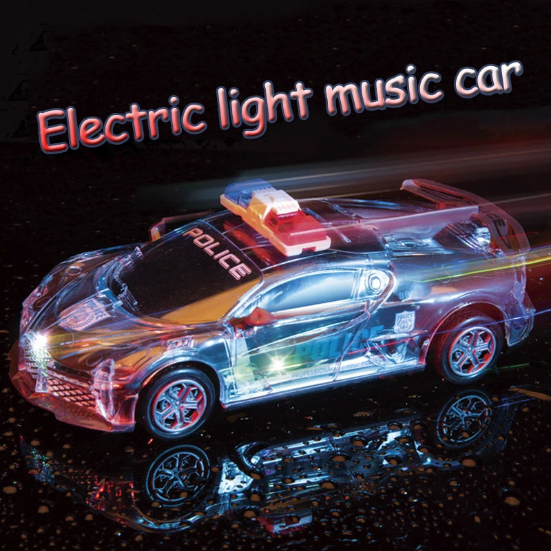 A clear plastic model of an electric light music car resembling a police vehicle, illuminated with bright lights.