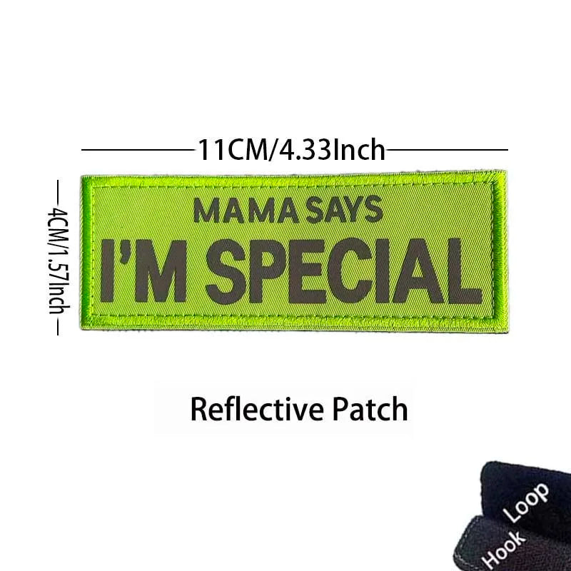 Lime green reflective patch embroidered with the text Mama Says I'm Special