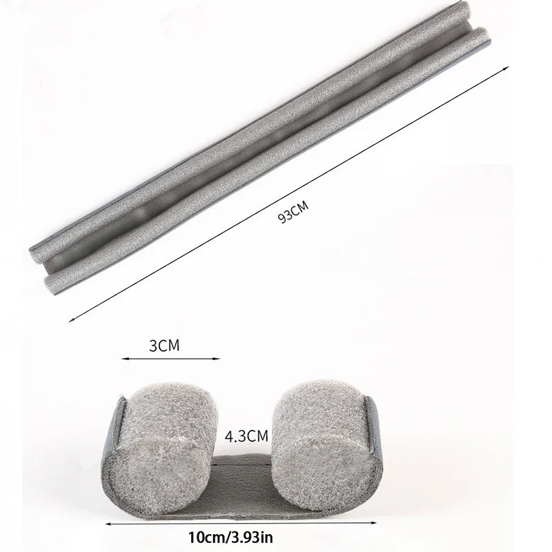 A long, gray flexible door bottom seal strip with a 93cm length and a 3cm thickness, shown alongside a small roll.