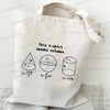 A white canvas tote bag featuring mathematical formulas for volume calculations of a t-shirt.
