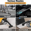 Various nozzles for cleaning including a floor nozzle, crevice nozzle, long strip brush, and round head brush.