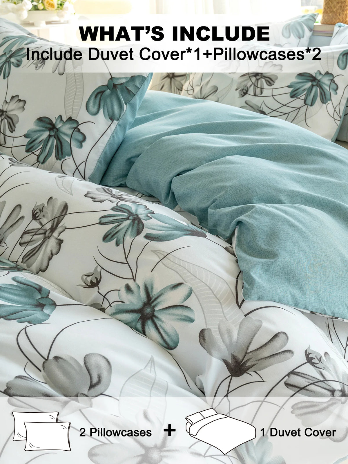 A set of teal and grey watercolor floral bedding including a duvet cover and two pillowcases.