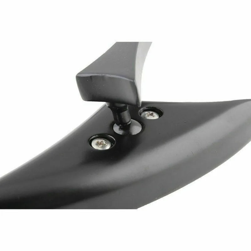 A black universal motorcycle side mirror set with a hinged mounting bracket.