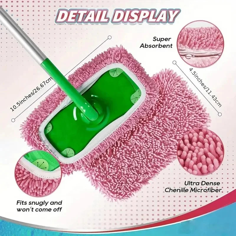 A green microfiber mop pad is shown being used on a pink, textured cleaning cloth for detail display.