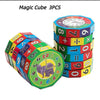 Three colorful magic cubes used for teaching numbers and arithmetic to children.