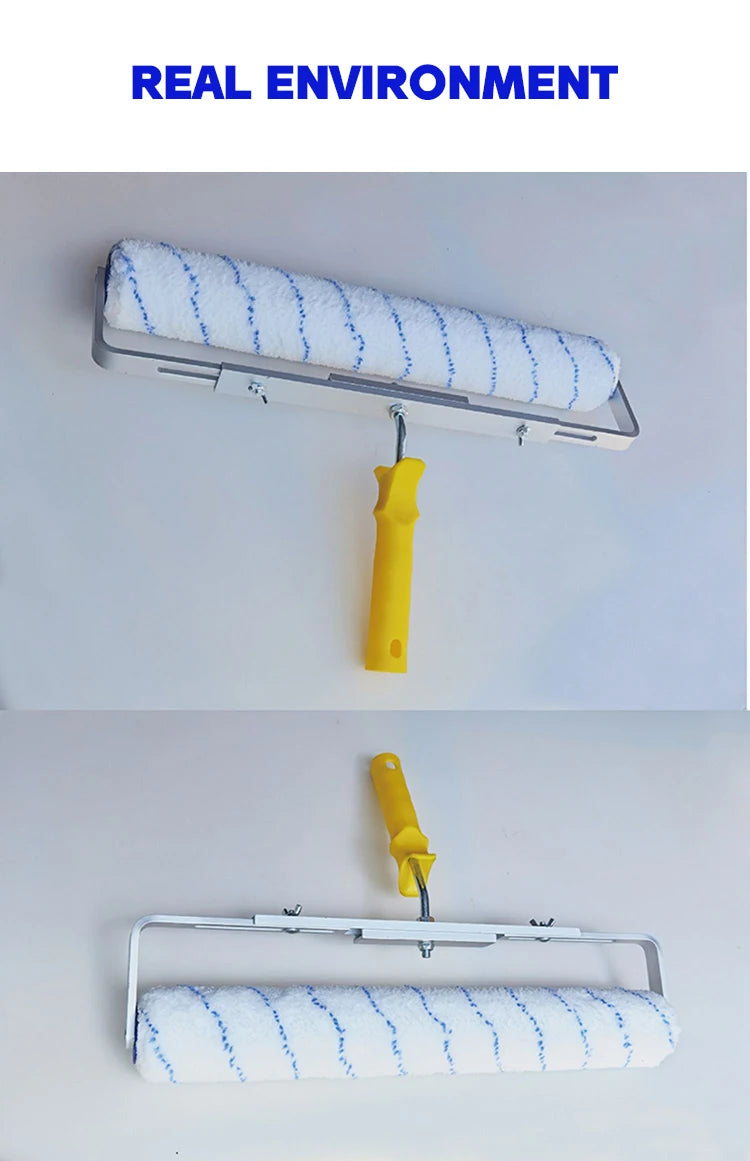 A paint roller with a white and blue textured cover is shown mounted on an aluminum alloy handle.