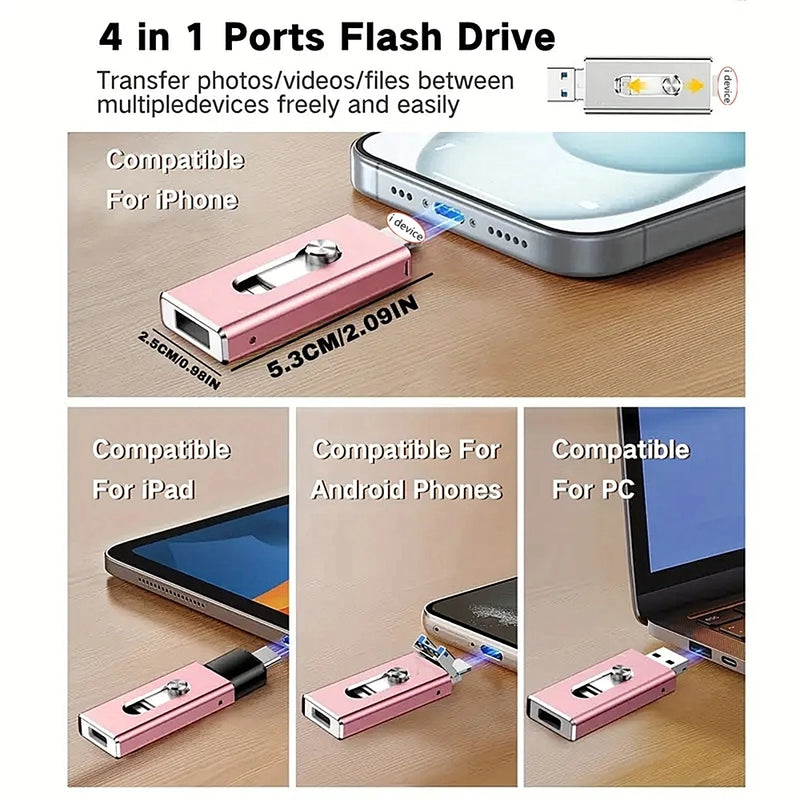 4-in-1 Portable Flash Drive – USB-C, Lightning & USB-A for iPhone, iPad, Android & PC