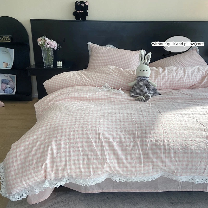 Lace Trim Plaid Duvet Cover Set with Pillowcases