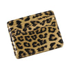 A brown and black leopard print PU leather card wallet.