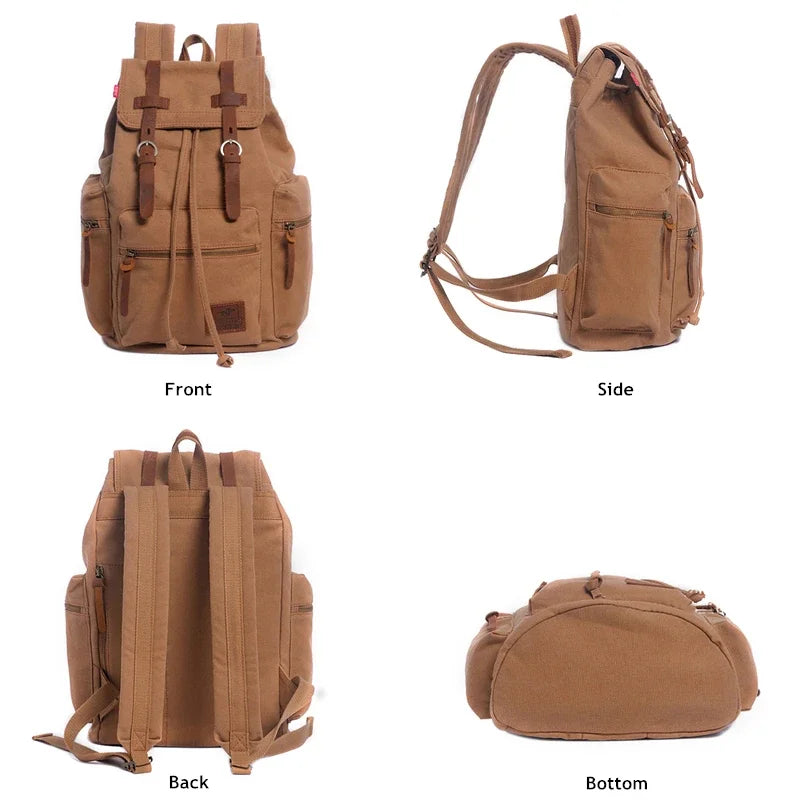 Vintage Canvas Backpack with Leather Accents – Large Capacity Travel & Laptop Bag