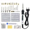 A kit of various tools including a wood burning and soldering pen, tips, and metal cutting tools.
