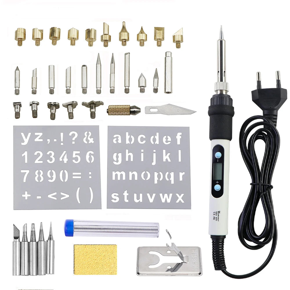 A kit of various tools including a wood burning and soldering pen, tips, and metal cutting tools.
