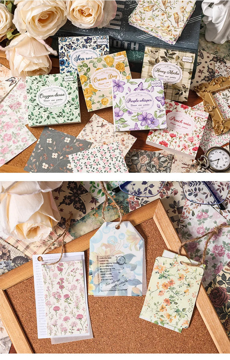 A collection of vintage floral scrapbook paper sheets in various patterns and colors for journaling and crafts.
