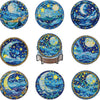 A set of DIY diamond painting coasters featuring celestial scenes like the moon and stars on a blue background.