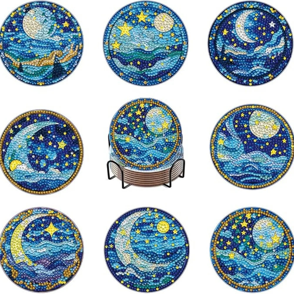 A set of DIY diamond painting coasters featuring celestial scenes like the moon and stars on a blue background.