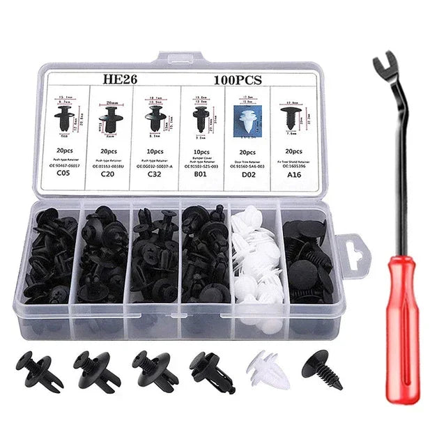 A box containing 100 pieces of auto trim clips and a fastener remover tool for automotive use.
