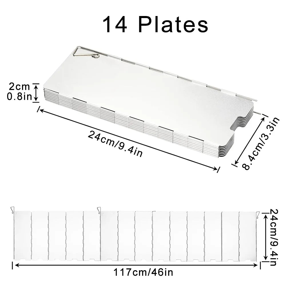 A flat, rectangular aluminum camping stove windscreen with 14 plates shown in various dimensions.