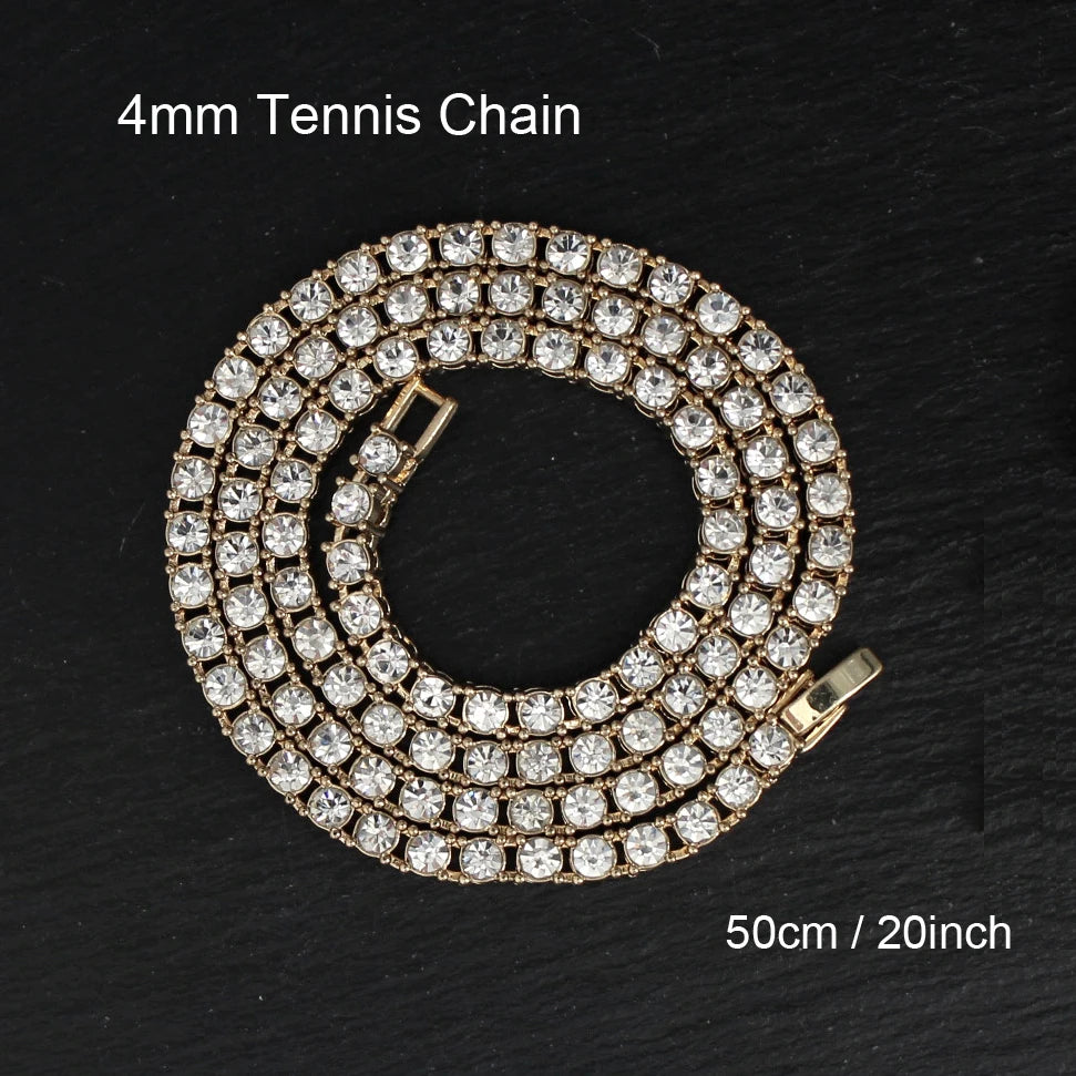 A gold-toned 4mm tennis chain necklace with clear stones, measuring 50cm / 20inch.