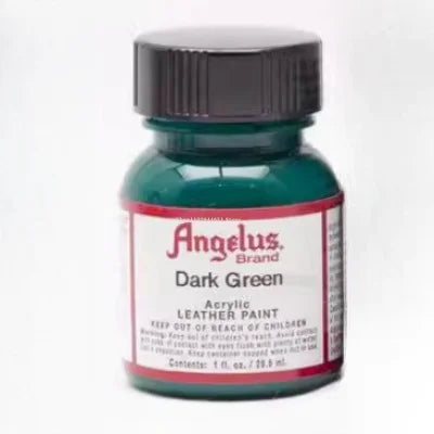 A bottle of Angelus Dark Green acrylic leather paint for DIY projects.