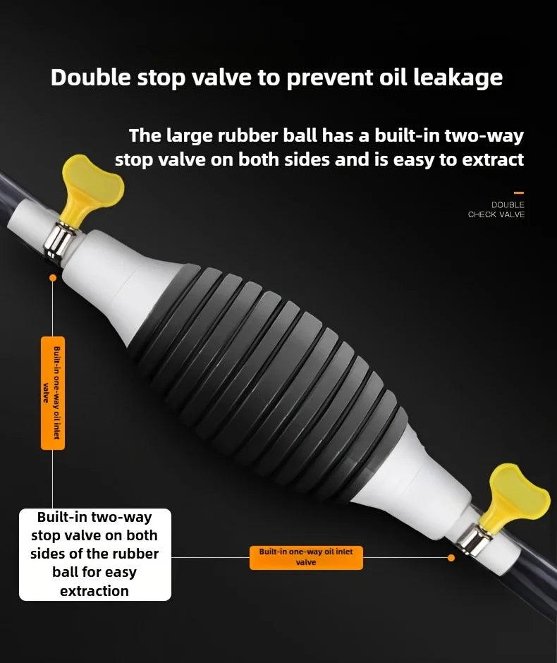 A close-up of a pump with a large rubber ball featuring a double stop valve on both sides for leak prevention and easy extrac