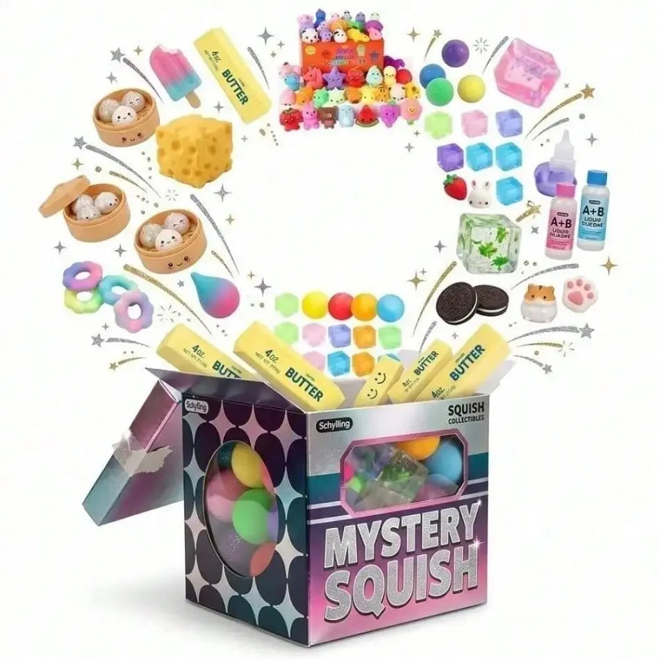 Eine bunte Kreis aus weichen Stressbällen und संबंधितen Artikeln, arrangiert um eine zentrale Box mit der Aufschrift Mystery 