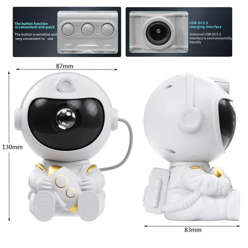 A white astronaut night light projector with a clear dome and detailed suit, shown next to its function buttons.