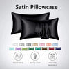 A set of two black satin pillowcases shown against a light gray background, highlighting breathable and machine washable feat