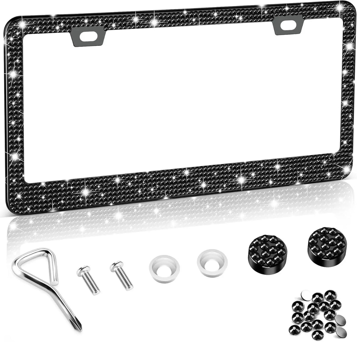 Crystal Rhinestone License Plate Frame with Screw Caps