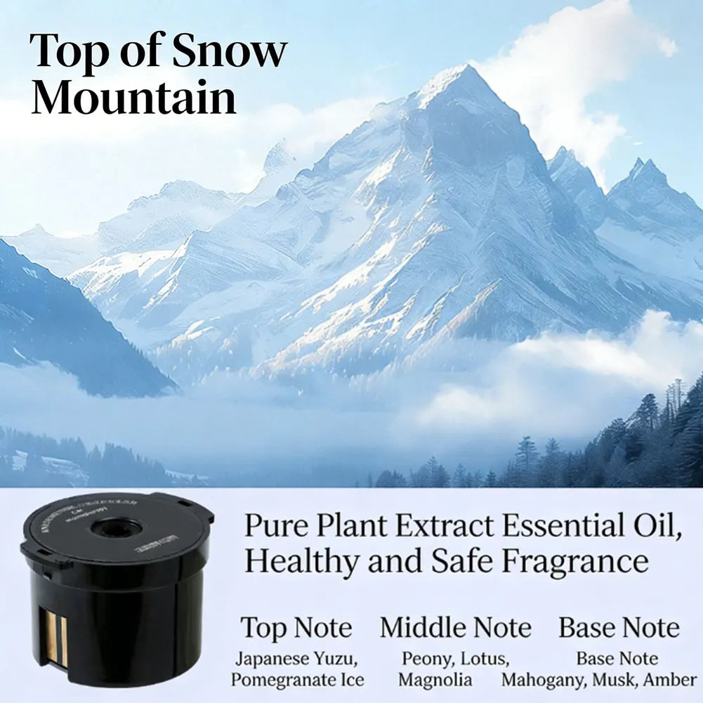 Black smart car diffuser with ambient light and auto mist, featuring essential oils like Japanese Yuzu and Mahogany.