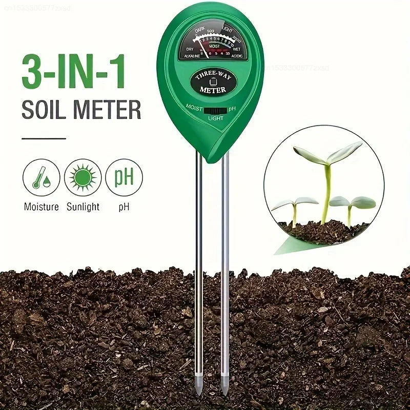 A green 3-in-1 soil meter with three probes inserted into dark soil, used to measure moisture, sunlight, and pH.
