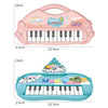 Pink and blue electronic piano toy with a microphone featuring 13 keys for kids