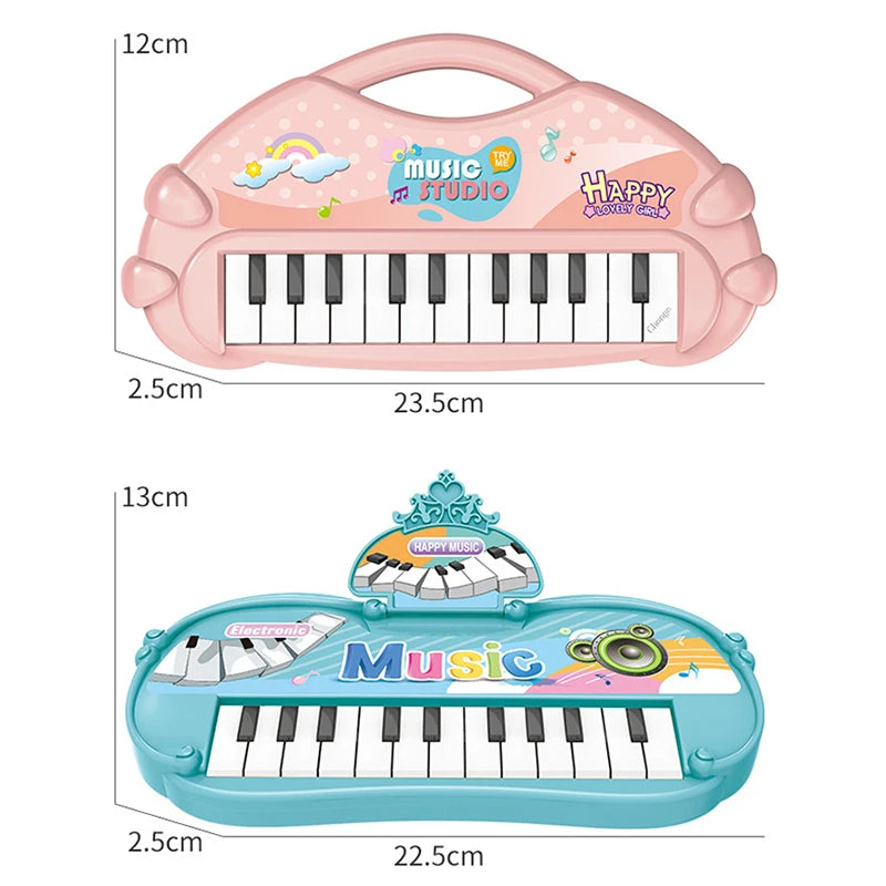 Pink and blue electronic piano toy with a microphone featuring 13 keys for kids