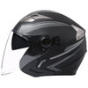 A black vintage open-face motorcycle helmet with a clear visor and silver accents.