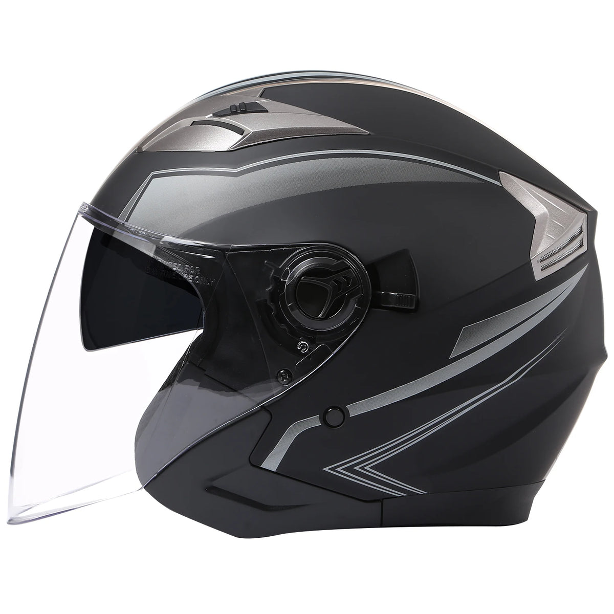 A black vintage open-face motorcycle helmet with a clear visor and silver accents.
