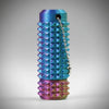 A vibrant blue and purple spiky sensory fidget roller with a silver chain hanging from the top.