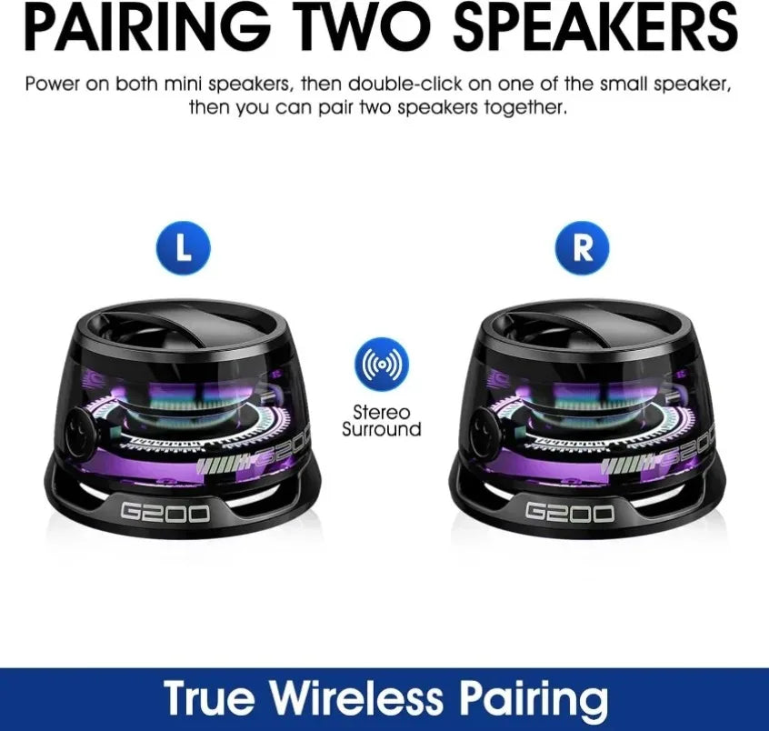 Two black magnetic mini speakers labeled L and R with RGB lights shown for pairing.