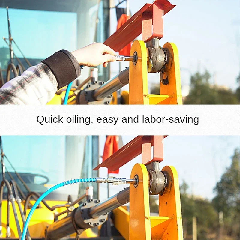 A hand is using a heavy-duty grease gun coupler with a quick-release double handle on a piece of machinery.