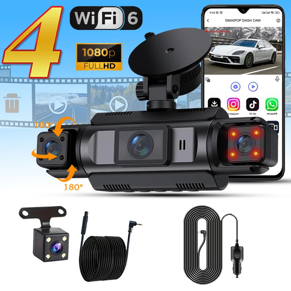 A black WiFi dash cam is shown with various accessories, including a camera module and cables.