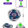 A metal spinning top battle toy with a launcher, shown in various views and components.