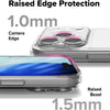 A clear silicone phone case showing raised edge protection features, including a 1.0mm camera edge and a 1.5mm raised bezel.
